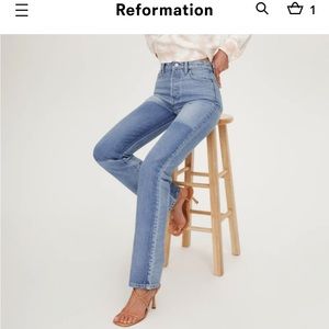 NWT Reformation Cynthia Shadow HighRise Long Jeans two tone patchwork Niagara
